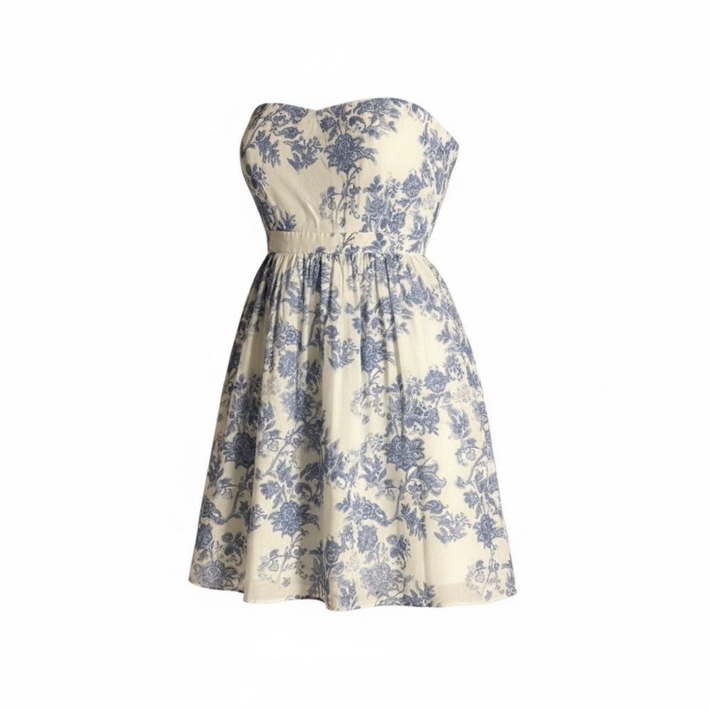 Strapless Blue Floral Print A-Line Dress